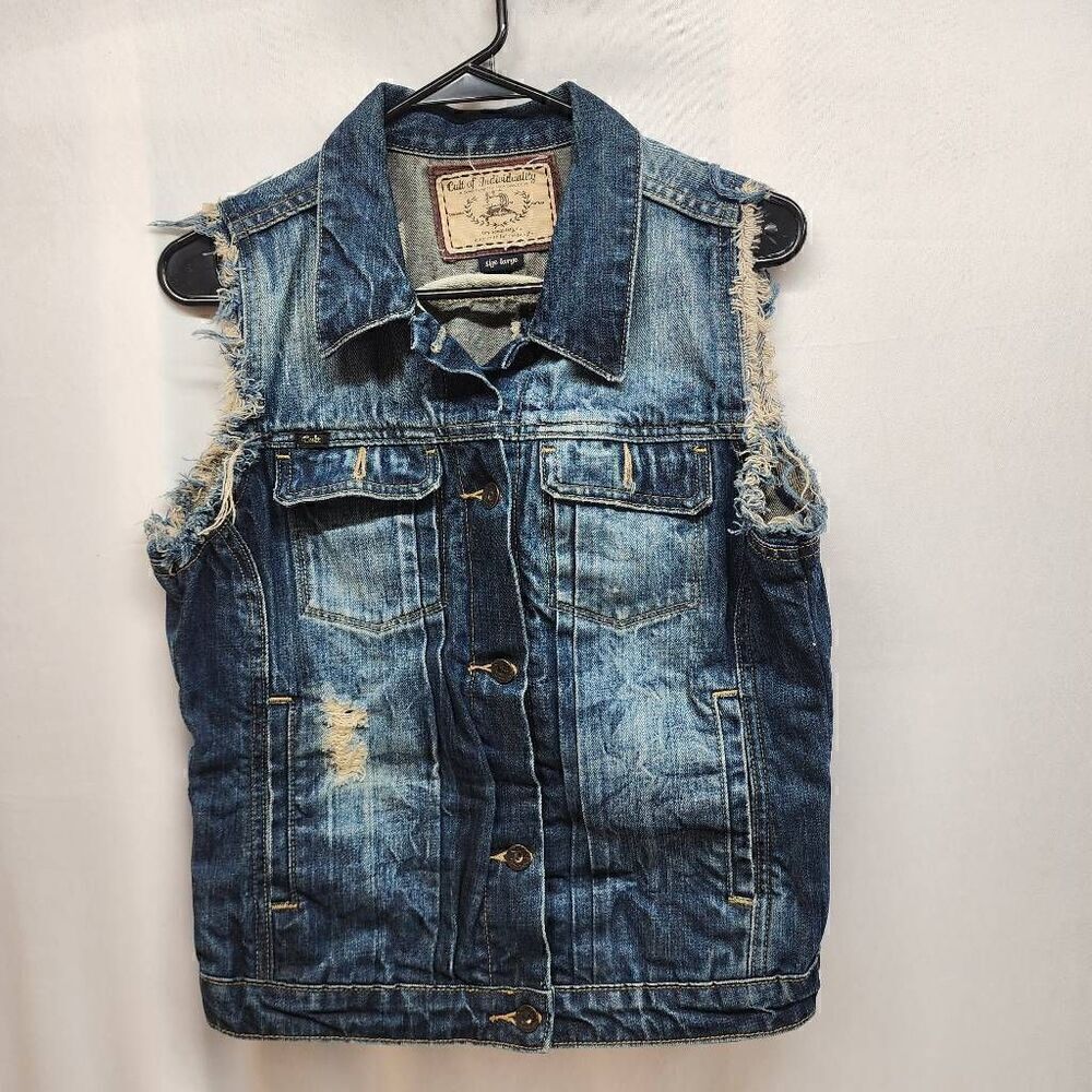 Cult of Individuality Blue Denim Vest Womens Jean Distressed Size Large H5